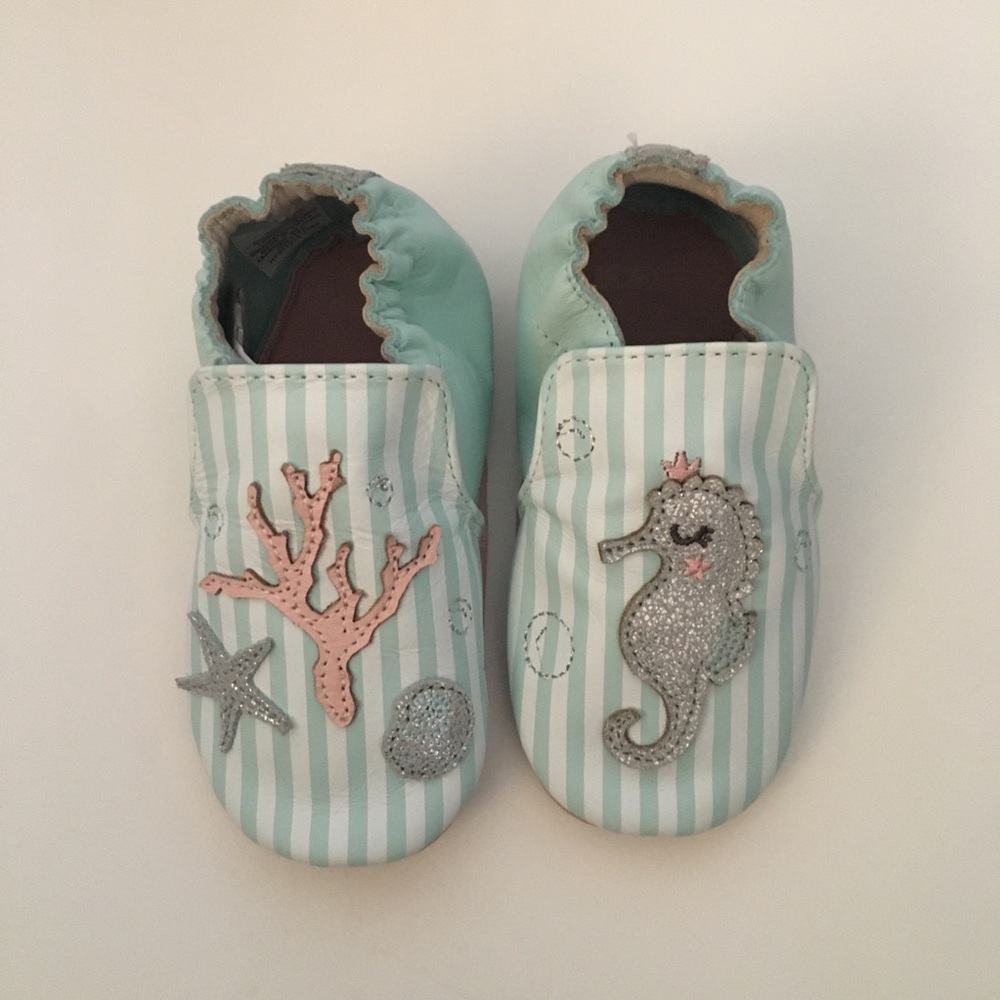 Robeez Soft Soles Baby Shoes in Mint Stripe with Seahorse & Coral 18-24M - Picture 6 of 14